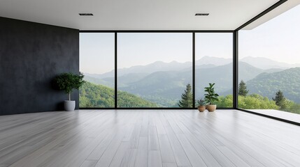 Modern Minimalism Meets Mountain Majesty: An empty room with panoramic windows showcases breathtaking mountain views, bathed in natural light. 