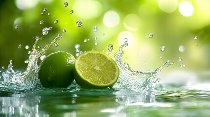A fresh lime falling into a clear pool with a splash effect, water droplets capturing light in vibrant green hues, bright and cheerful daylight, mood of lively and zesty freshness,