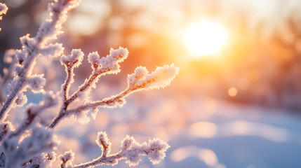 Fototapeta premium frozen twigs in hoarfrost glisten in the sun. winter landscape with sun flare