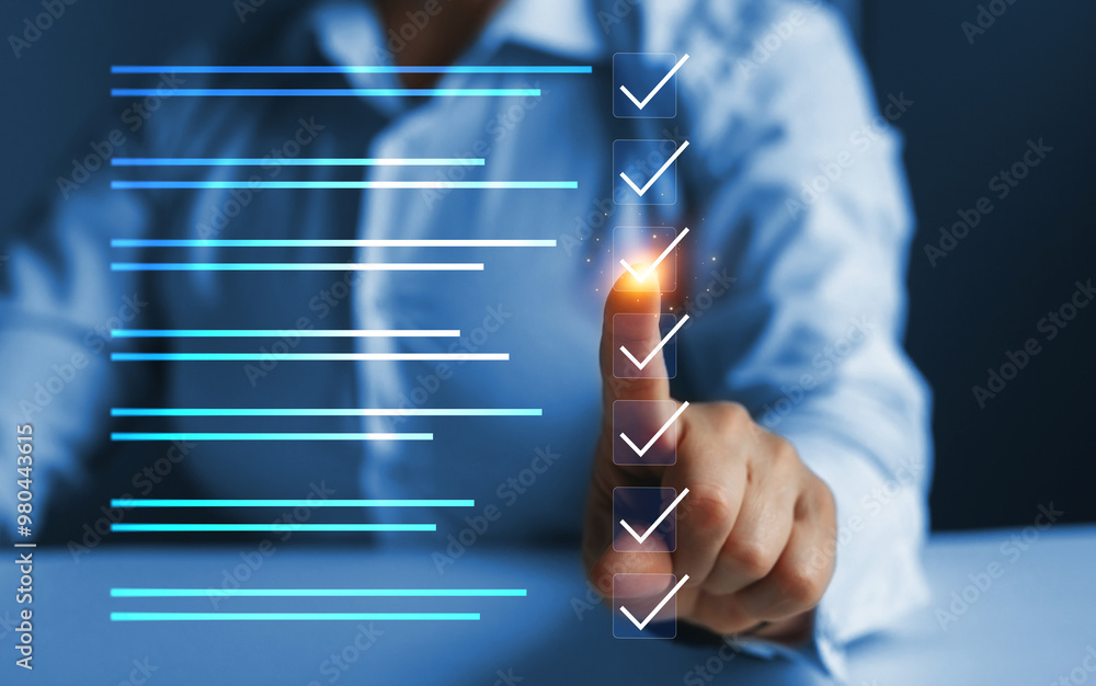 Fototapete Business productivity checklist and filling survey form online.Fast checklist and clipboard task management.	