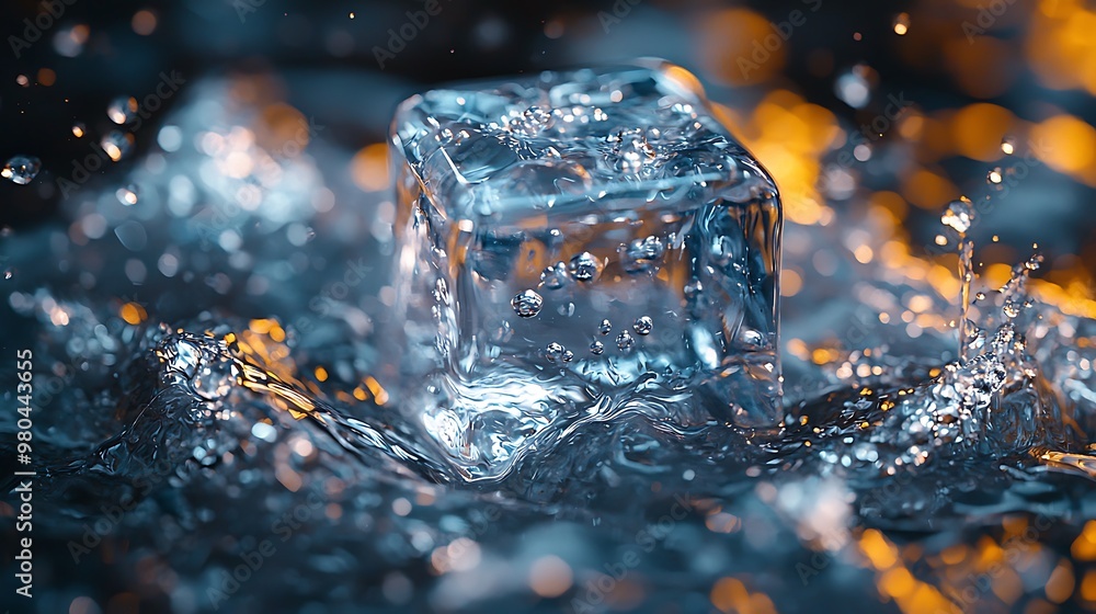 Poster a single ice cube submerged in water, creating a splash and wave effect.