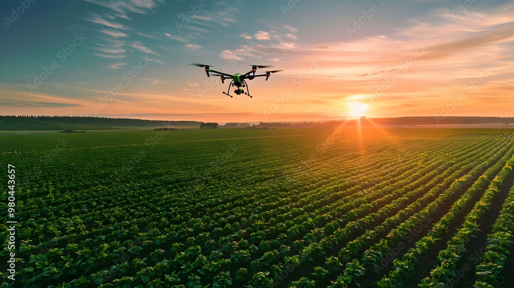 Poster drone monitoring green field at sunset using advanced sensors and for smart farming practices