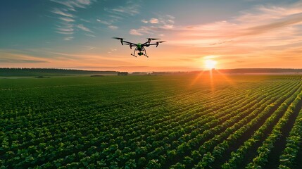 Drone Monitoring Green Field at Sunset Using Advanced Sensors and for Smart Farming Practices