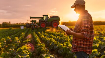 Smart Farming Technology in Lush Field at Sunset