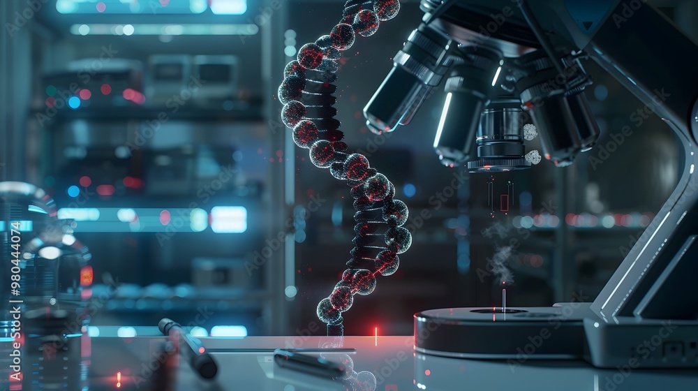Poster ai assisted gene editing in futuristic lab environment with detailed dna modification visualization