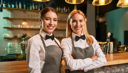 Obraz premium waitresses in aprons and bow ties smile at the camera and