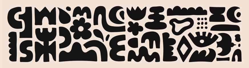 Abstract organic shapes with black geometric cutting doodles. Trendy random figures isolated on a beige background. Vector illustration