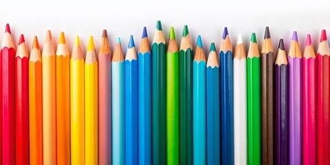 Vibrant colorful pencils of various hues arranged neatly against a pure white background, providing ample space for creative text or design elements.