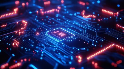 Obraz premium Abstract futuristic technology background with a glowing digital vortex in blue and orange, representing data flow and advanced technology.