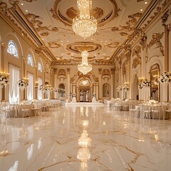 Lavish ballroom with ornate gold detailing, crystal chandeliers, and a polished marble floor, luxurious wedding venue