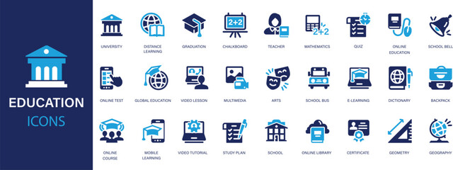 Education flat icons set. Learning, school, university, success, academic icons and more signs. Flat icon collection.