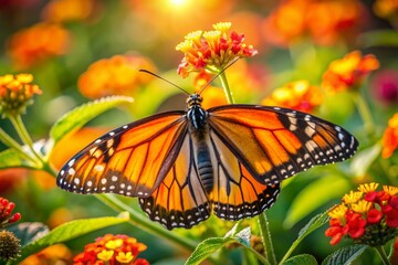 Fototapeta premium Vibrant monarch butterfly perches on delicate lantana blooms, its intricate orange and black wings shimmering in warm sunlight on a serene, idyllic summer day.