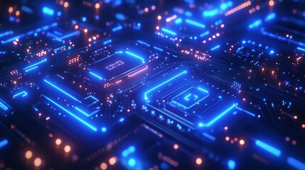 Obraz premium Abstract futuristic technology background with a glowing digital vortex in blue and orange, representing data flow and advanced technology.