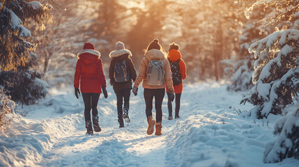 Group of young friends on a walk outdoors in snow in winter forest, having fun
