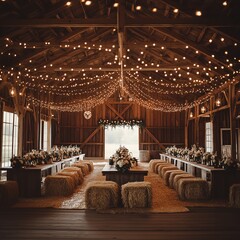 Rustic barn interior with wooden beams, soft string lights, and hay bales, cozy and intimate wedding setting