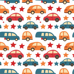 Seamless Pattern of Colorful Cars and Red & Blue Stars