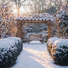 Winter garden with snow-dusted hedges, a wooden bench, and a blanket of fresh snow, serene and picturesque Christmas backdrop
