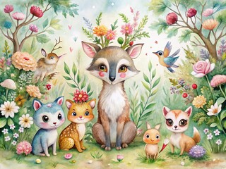Fototapeta premium Whimsical watercolor illustration featuring adorable baby fox, deer, raccoon, and owl amidst vibrant flowers in a magical woodland setting, perfect for nursery decor.