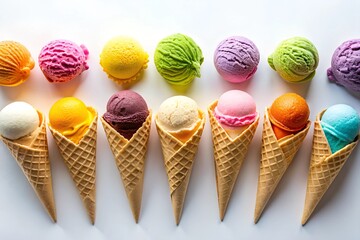 Colorful Ice Cream Scoops in Waffle Cones on White Background