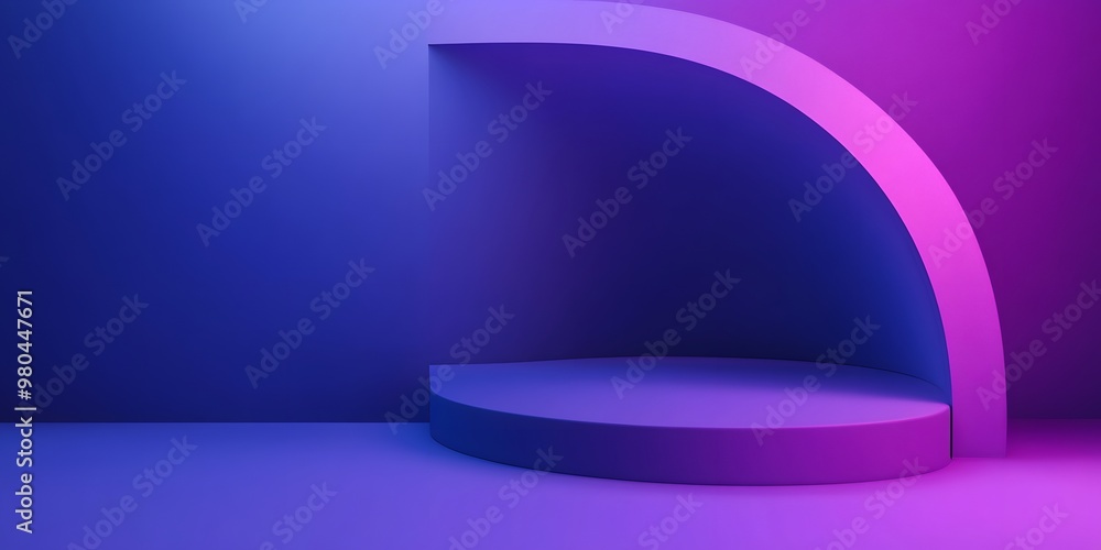 Poster 3d render, abstract background with a purple curved shape on a blue gradient background.
