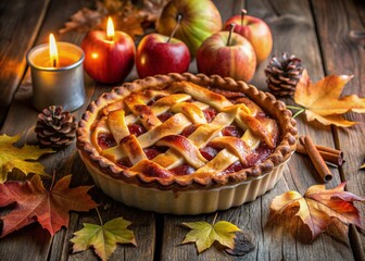 Freshly baked warm apple pie with crispy crust and caramelized fruit, placed on a rustic wooden table surrounded by fall leaves and soft candlelight.