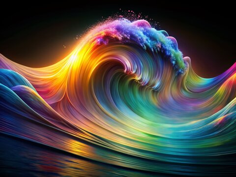 Vibrant iridescent wave flows in a mesmerizing curved motion, exuding a kaleidoscope of colors against a mysterious black background, evoking a sense of futuristic dynamism.