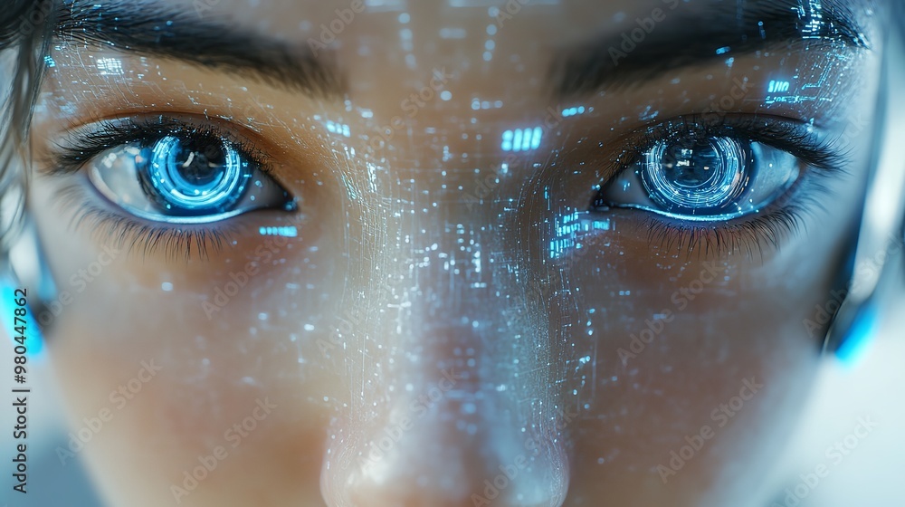 Poster a woman's face is made up of computer code and is glowing with orange lights. the image is a represe