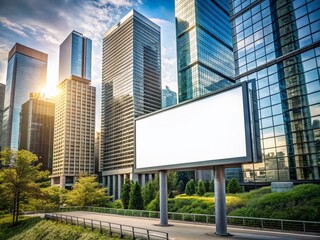Modern urban landscape with a large digital screen billboard standing tall amidst sleek skyscrapers, offering a blank canvas for impactful advertising or branding displays.