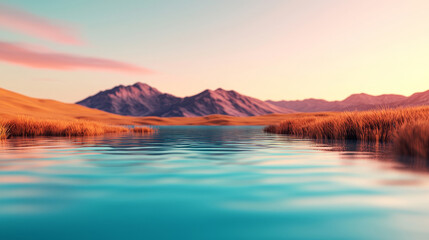 Obraz premium A serene landscape showcasing a tranquil lake surrounded by mountains and golden grass under a pastel sky.
