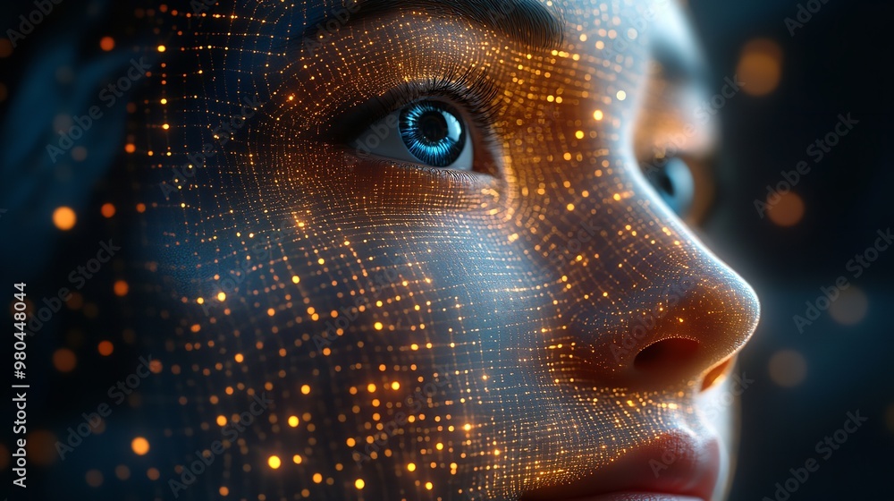 Poster a woman's face is made up of computer code and is glowing with orange lights. the image is a represe