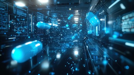 Futuristic Laboratory Poster: Mesmerizing Blue Digital Capsules and Holographic Displays for a Modern Sports Interior Design