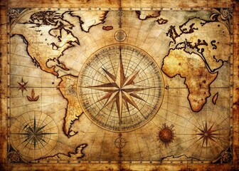 Fototapeta premium Vintage distressed nautical chart with ornate compass rose, decorative borders, and faded sailing routes, evoking a sense of adventure and historical exploration.