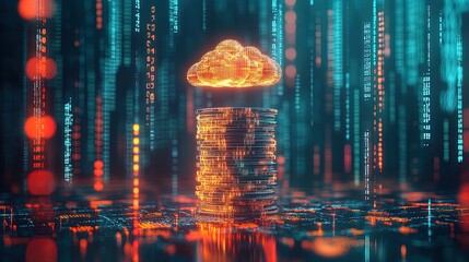 Obraz premium Visions of Finance: A Futuristic Poster Featuring a Towering Coin Stack and Holographic Cloud, Perfect for Inspiring Tech-Centric Spaces and Sports Interiors in the Era of Digital Transformation.