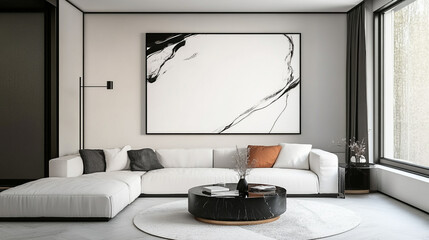 Living room - on the wall empty picture frames, Scandinavian interior design with 3 blank picture frames - Generative AI.