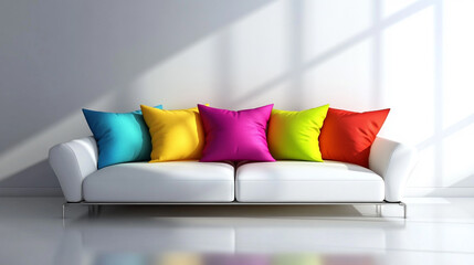 colorful pillows on modern sofa in living room, Interior living room wall with leather sofa and on white background, 