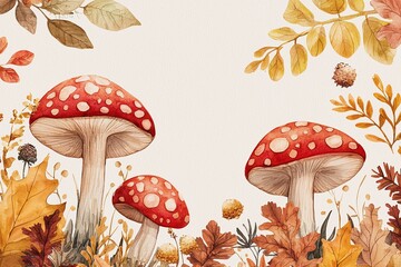 Süßer herbstlicher Hintergrund mit Pilzen, Pflanzen und Blättern 
