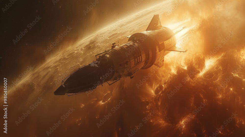 Poster an awe-inspiring scene capturing the precise moment when a spacecraft