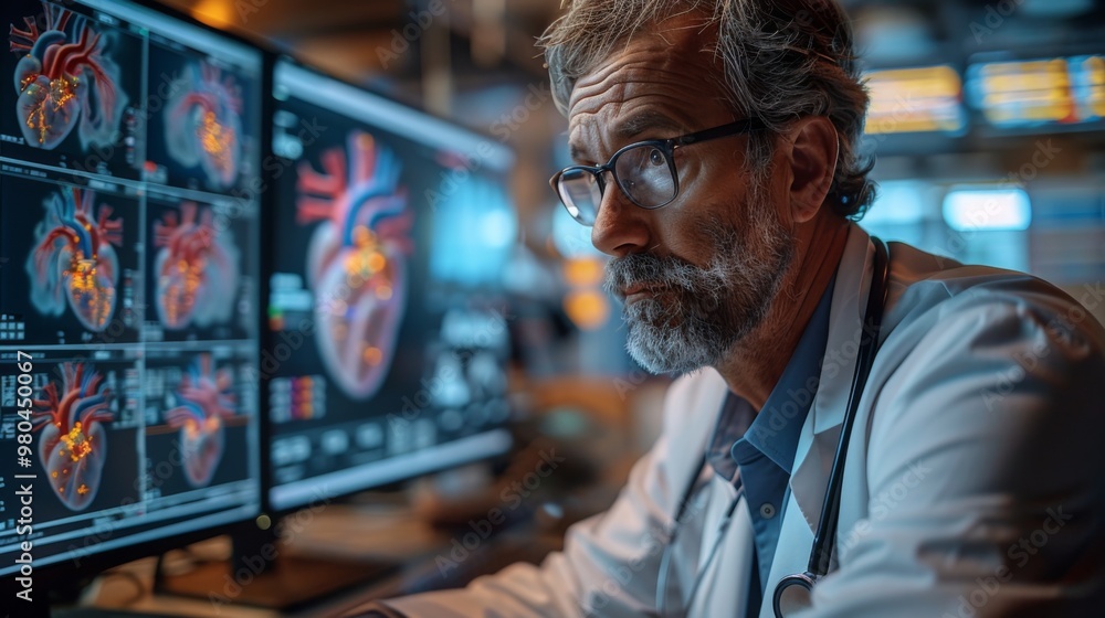 Poster create an image of a cardiologist studying a screen showing