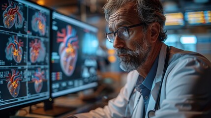 Obraz premium Create an image of a cardiologist studying a screen showing