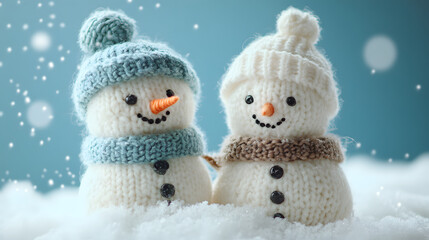 little knitted snowmans on soft snow on blue background
