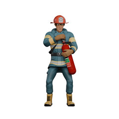 Male Firefighting Artist 3D Model. A firefighter is standing holding a light fire extinguisher in both hands, as if he is preparing to put out the fire. Firefighter Cartoon