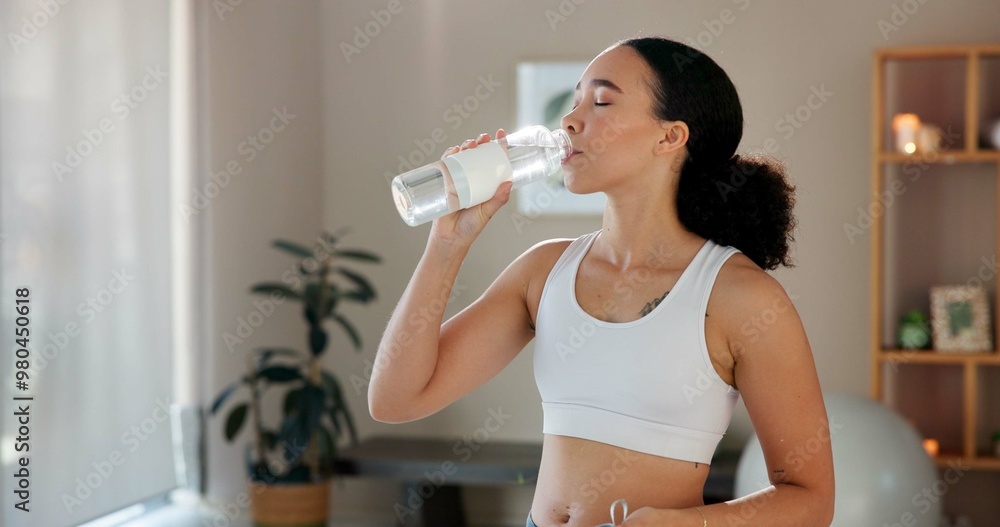 Sticker Home, woman and drinking water for detox after yoga, practice and mindfulness session for health. Fitness, female person and yogi on break with beverage bottle, wellness or hydration with mineral H2O