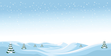 The image shows a serene winter landscape with soft, rolling snow-covered hills and scattered evergreen trees adorned with snow. Snowflakes gently fall from a clear, light blue sky.