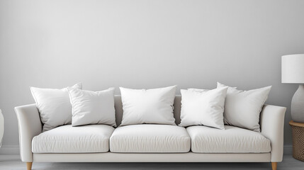 white minimalist interior living room with White wall mockup, Traditional living room interior mockup with grey sofa and green pillows