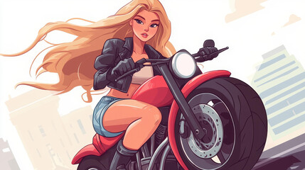 A striking girl on a red bike flaunts her long blonde hair, showcasing a fierce pose with a bat, dressed in chic leather.