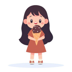 A cheerful young girl enjoys her favorite chocolate ice cream cone in this charming and playful cartoon illustration.