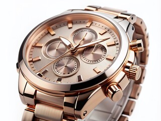 Fototapeta premium Elegant rose gold chronograph watch features a brushed metal finish, sleek matching bracelet, and stunning details, exuding sophistication and timeless functionality in modern luxury.