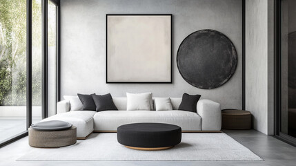 Blank picture frame mock up in beige room interior , 3d rendering, Modern living room with blank poster.