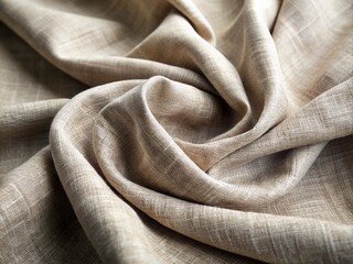 Natural light accentuates the soft wrinkles and subtle sheen of a vintage linen fabric, showcasing its organic texture and earthy neutral tones in high detail.