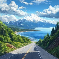 a panoramic long road at the hilly edge of seaside surrounded by forest and green vegetation. In front is an endless horizon. Snow mountain in the background. 